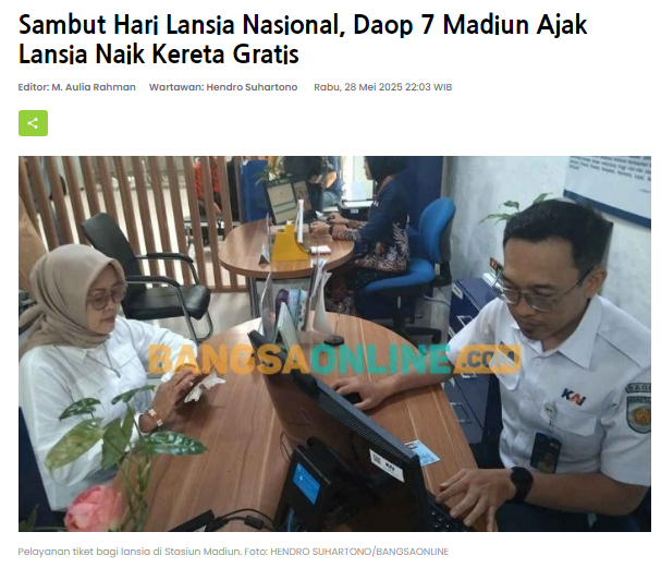 Sambut Hari Lansia Nasional, Daop 7 Madiun Ajak Lansia Naik Kereta Gratis