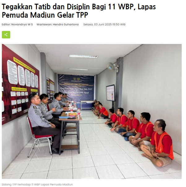 Tegakkan Tatib dan Disiplin Bagi 11 WBP, Lapas Pemuda Madiun Gelar TPP