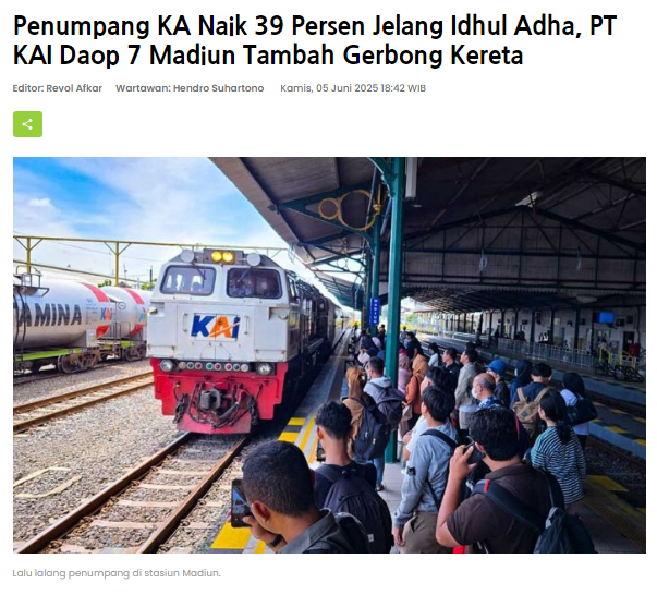 Penumpang KA Naik 39 Persen Jelang Idhul Adha, PT KAI Daop 7 Madiun Tambah Gerbong Kereta