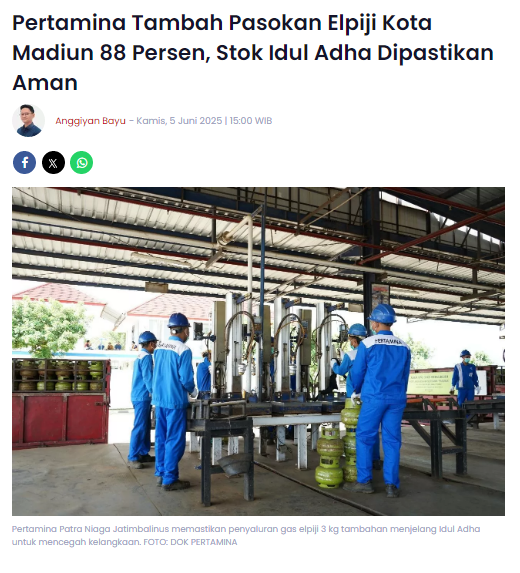 Pertamina Tambah Pasokan Elpiji Kota Madiun 88 Persen, Stok Idul Adha Dipastikan Aman