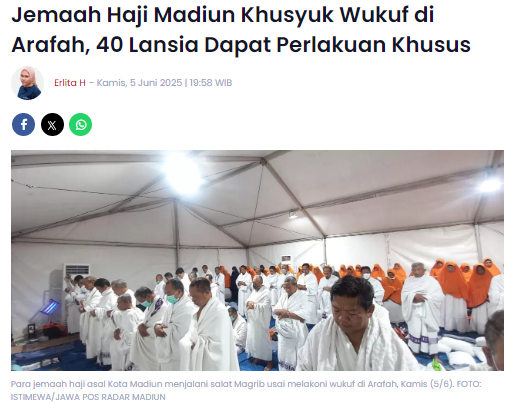 Jemaah Haji Madiun Khusyuk Wukuf di Arafah, 40 Lansia Dapat Perlakuan Khusus