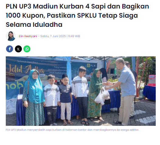 PLN UP3 Madiun Kurban 4 Sapi dan Bagikan 1000 Kupon, Pastikan SPKLU Tetap Siaga Selama Iduladha