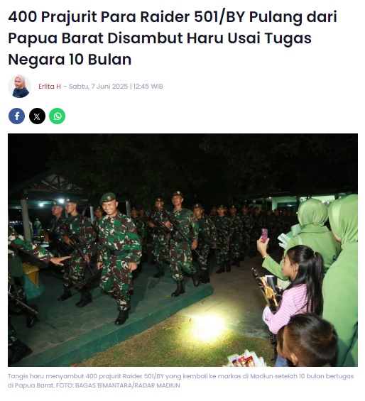 400 Prajurit Para Raider 501/BY Pulang dari Papua Barat Disambut Haru Usai Tugas Negara 10 Bulan