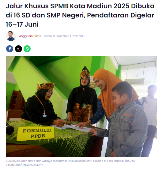 Jalur Khusus SPMB Kota Madiun 2025 Dibuka di 16 SD dan SMP Negeri, Pendaftaran Digelar 16–17 Juni