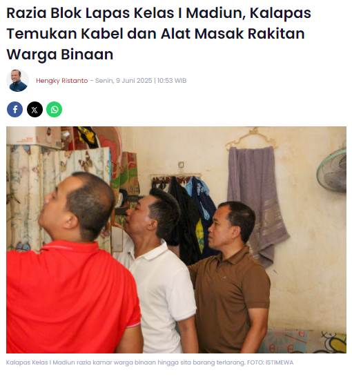 Razia Blok Lapas Kelas I Madiun, Kalapas Temukan Kabel dan Alat Masak Rakitan Warga Binaan