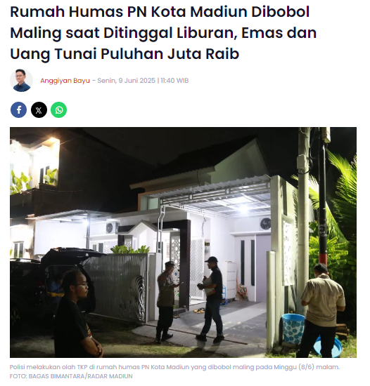 Rumah Humas PN Kota Madiun Dibobol Maling saat Ditinggal Liburan, Emas dan Uang Tunai Puluhan Juta Raib