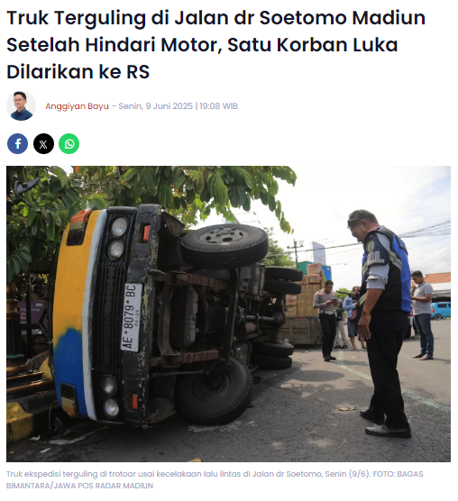 Truk Terguling di Jalan dr Soetomo Madiun Setelah Hindari Motor, Satu Korban Luka Dilarikan ke RS