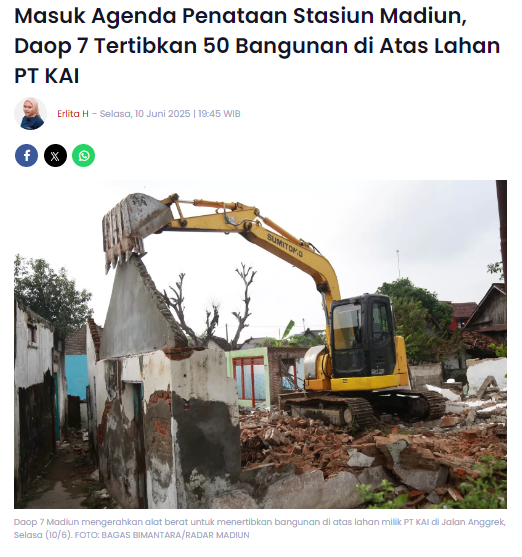 Masuk Agenda Penataan Stasiun Madiun, Daop 7 Tertibkan 50 Bangunan di Atas Lahan PT KAI