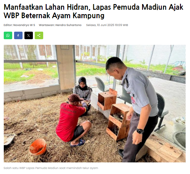 Manfaatkan Lahan Hidran, Lapas Pemuda Madiun Ajak WBP Beternak Ayam Kampung