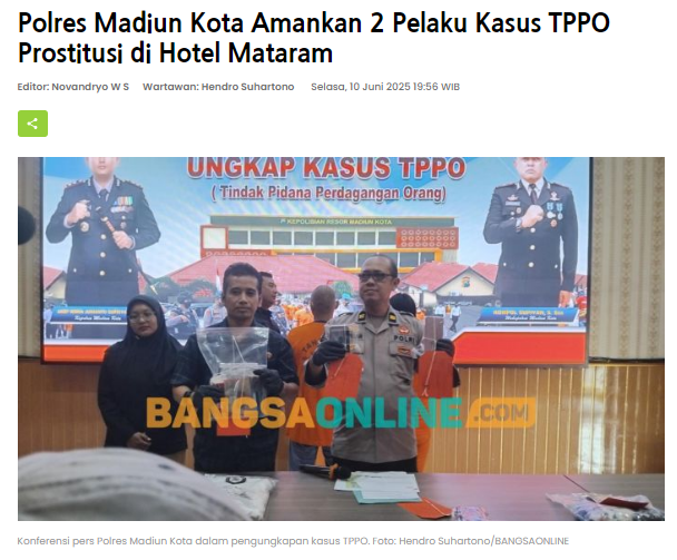 Polres Madiun Kota Amankan 2 Pelaku Kasus TPPO Prostitusi di Hotel Mataram