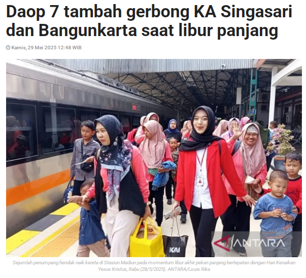 Daop 7 Tambah Gerbong KA Singasari dan Bangunkarta Saat Libur Panjang