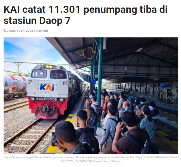 KAI Catat 11.301 Penumpang Tiba di Stasiun Daop 7