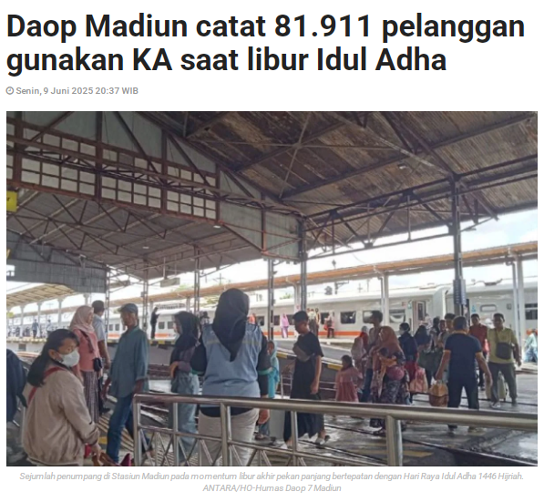 Daop Madiun catat 81.911 Pelanggan Gunakan KA Saat Libur Idul Adha