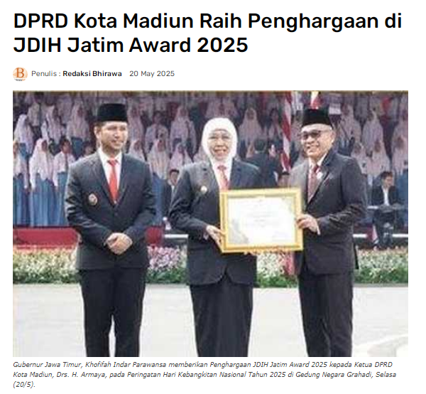 DPRD Kota Madiun Raih Penghargaan di JDIH Jatim Award 2025