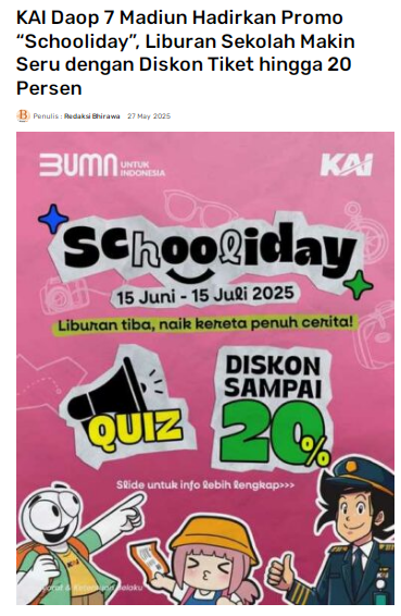KAI Daop 7 Madiun Hadirkan Promo Schooliday, Liburan Sekolah Makin Seru dengan Diskon Tiket hingga 20 Persen