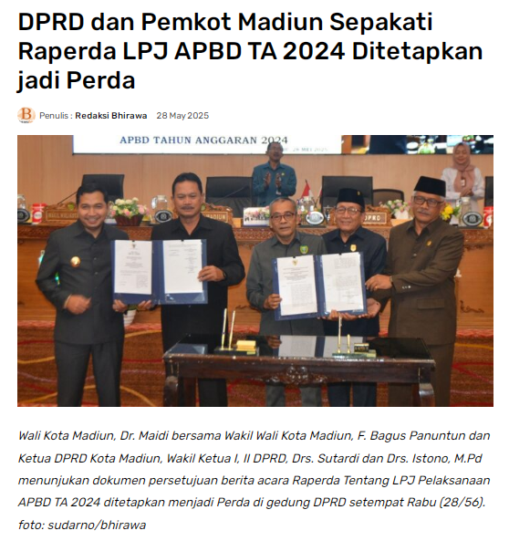 DPRD dan Pemkot Madiun Sepakati Raperda LPJ APBD TA 2024 Ditetapkan jadi Perda