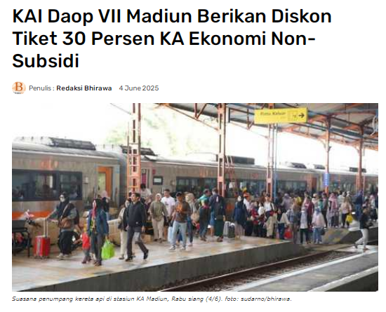 KAI Daop VII Madiun Berikan Diskon Tiket 30 Persen KA Ekonomi Non-Subsidi