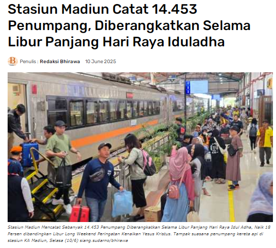 Stasiun Madiun Catat 14.453 Penumpang, Diberangkatkan Selama Libur Panjang Hari Raya Iduladha