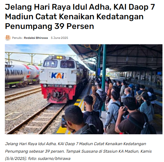 Jelang Hari Raya Idul Adha, KAI Daop 7 Madiun Catat Kenaikan Kedatangan Penumpang 39 Persen