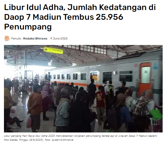 Libur Idul Adha, Jumlah Kedatangan di Daop 7 Madiun Tembus 25.956 Penumpang