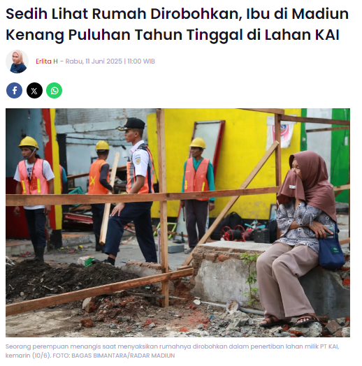 Sedih Lihat Rumah Dirobohkan, Ibu di Madiun Kenang Puluhan Tahun Tinggal di Lahan KAI