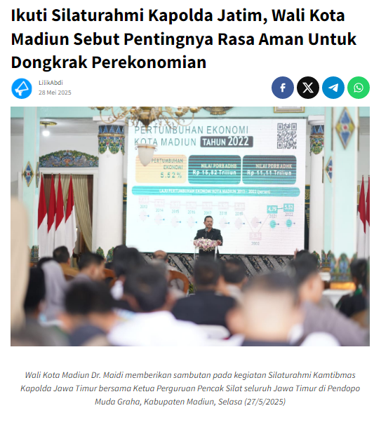 Ikuti Silaturahmi Kapolda Jatim, Wali Kota Madiun Sebut Pentingnya Rasa Aman Untuk Dongkrak Perekonomian