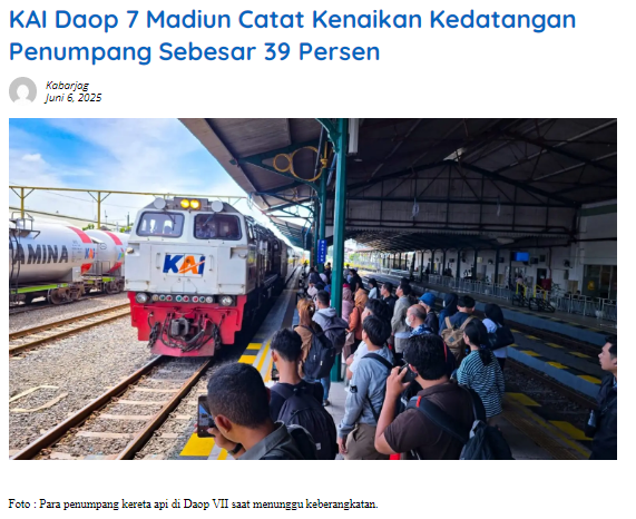 KAI Daop 7 Madiun Catat Kenaikan Kedatangan Penumpang Sebesar 39 Persen
