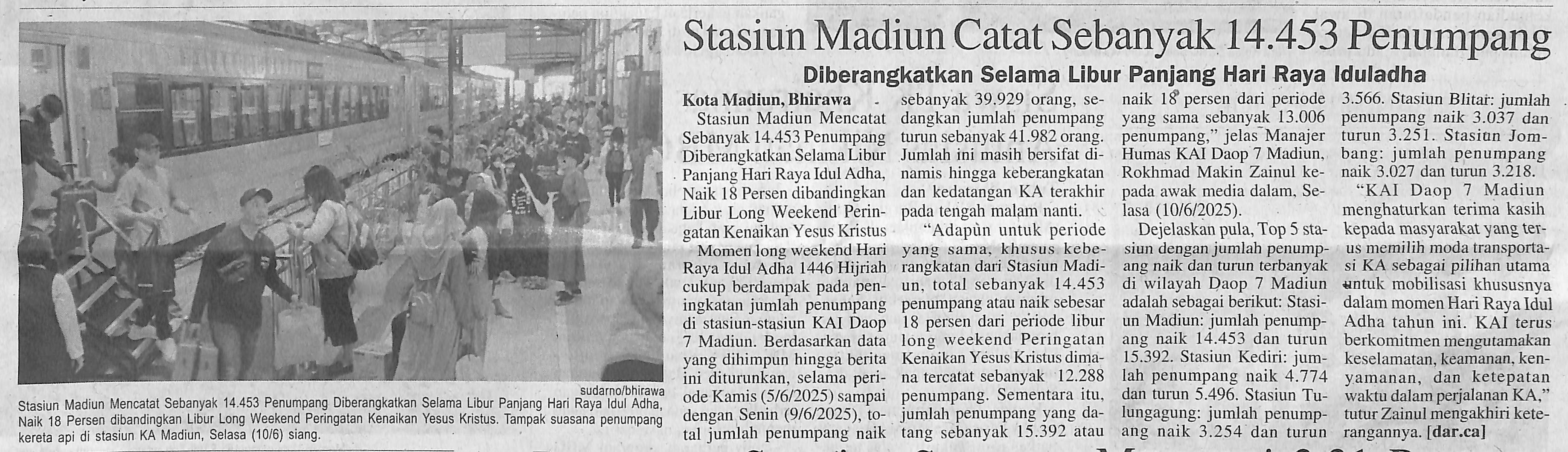Stasiun Madiun Catat 14.453 Penumpang, Diberangkatkan Selama Libur Panjang Hari Raya Iduladha