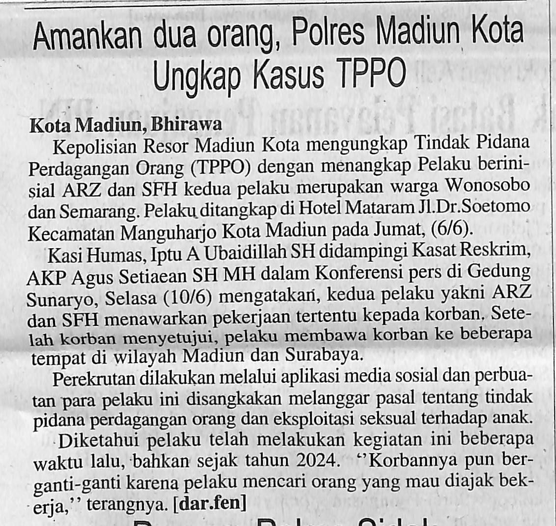 Amankan Dua Orang, Polres Madiun Kota Ungkap Perkara TPPO