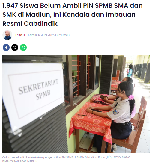 1.947 Siswa Belum Ambil PIN SPMB SMA dan SMK di Madiun, Ini Kendala dan Imbauan Resmi Cabdindik