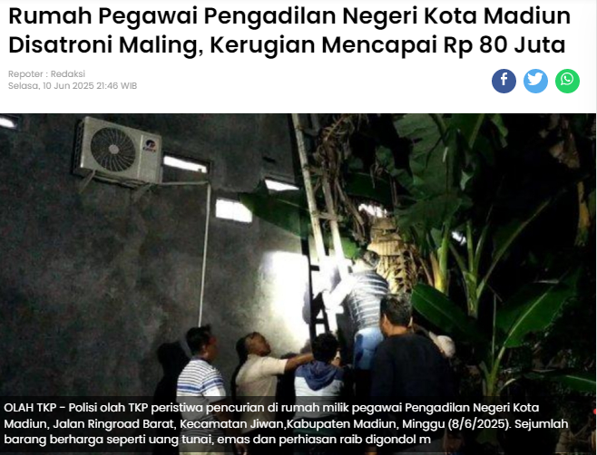 Rumah Pegawai Pengadilan Negeri Kota Madiun Disatroni Maling, Kerugian Mencapai Rp 80 Juta