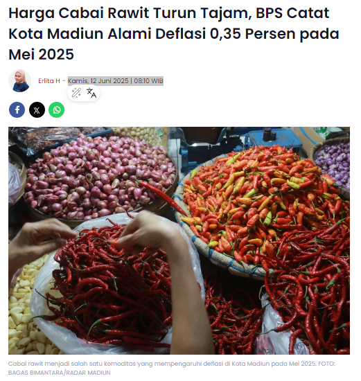 Harga Cabai Rawit Turun Tajam, BPS Catat Kota Madiun Alami Deflasi 0,35 Persen pada Mei 2025