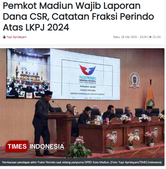 Pemkot Madiun Wajib Laporan Dana CSR, Catatan Fraksi Perindo Atas LKPJ 2024