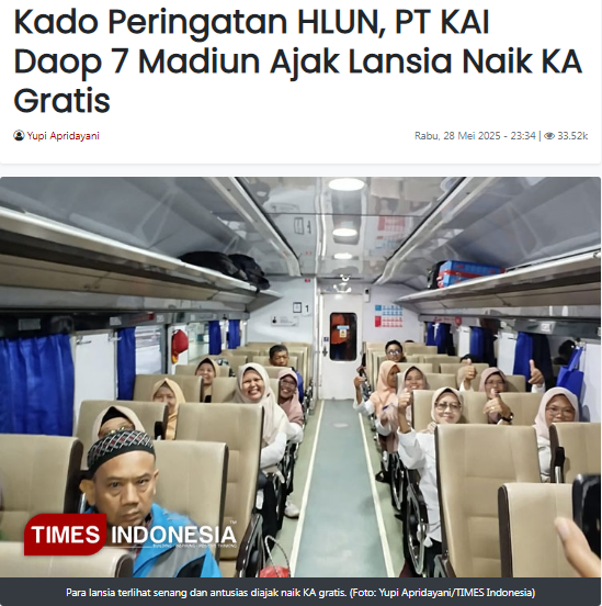 Kado Peringatan HLUN, PT KAI Daop 7 Madiun Ajak Lansia Naik KA Gratis