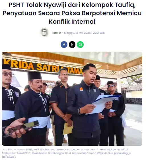 PSHT Tolak Nyawiji dari Kelompok Taufiq, Penyatuan Secara Paksa Berpotensi Memicu Konflik Internal