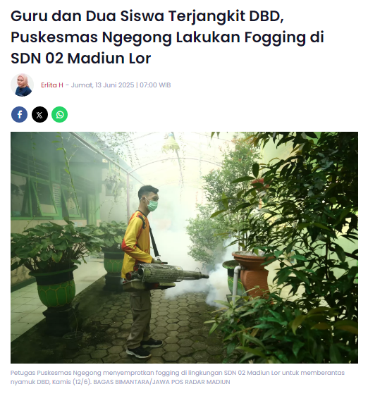 Guru dan Dua Siswa Terjangkit DBD, Puskesmas Ngegong Lakukan Fogging di SDN 02 Madiun Lor