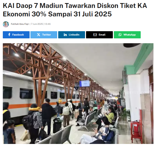 KAI Daop 7 Madiun Tawarkan Diskon Tiket KA Ekonomi 30 persen Sampai 31 Juli 2025