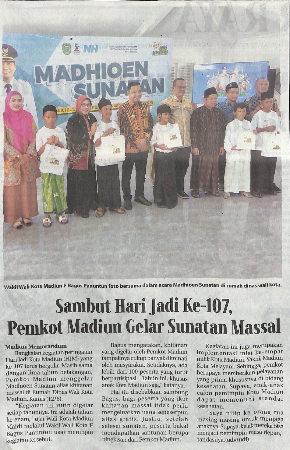 Sambut Hari Jadi Ke-107, Pemkot Madiun Gelar Sunatan Massal