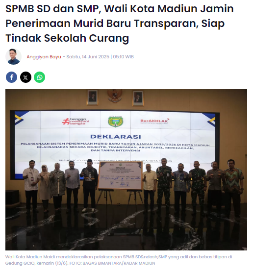 SPMB SD dan SMP, Wali Kota Madiun Jamin Penerimaan Murid Baru Transparan, Siap Tindak Sekolah Curang