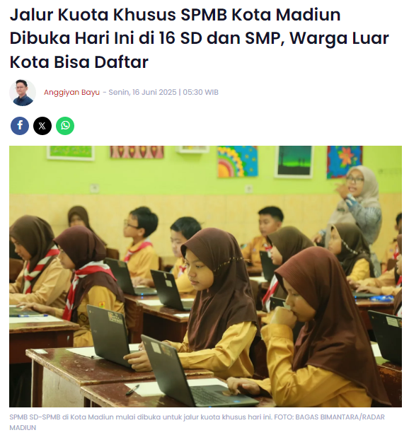 Jalur Kuota Khusus SPMB Kota Madiun Dibuka Hari Ini di 16 SD dan SMP, Warga Luar Kota Bisa Daftar