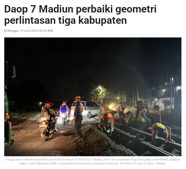 Daop 7 Madiun Perbaiki Geometri Perlintasan Tiga Kabupaten