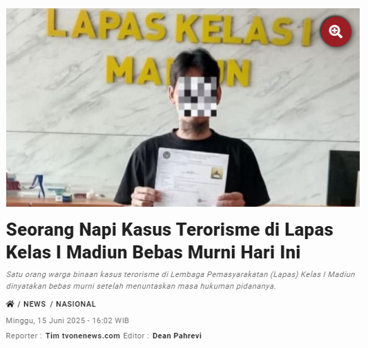 Seorang Napi Kasus Terorisme di Lapas Kelas I Madiun Bebas Murni Hari Ini