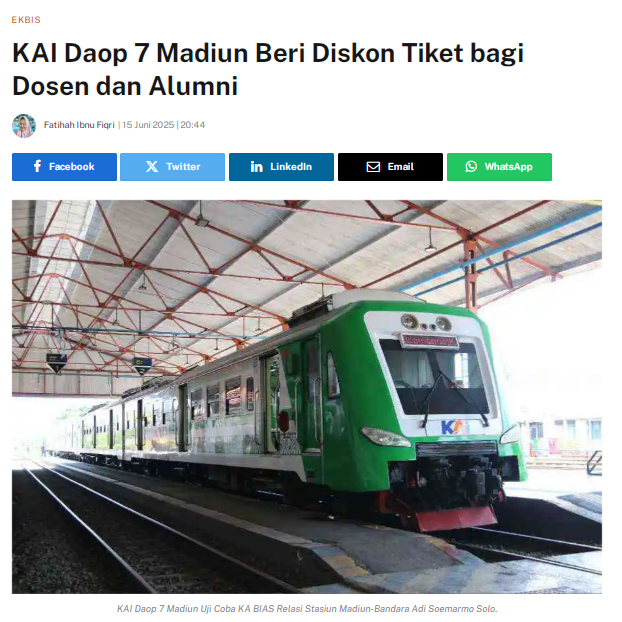 KAI Daop 7 Madiun Beri Diskon Tiket bagi Dosen dan Alumni