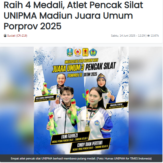 Raih 4 Medali, Atlet Pencak Silat UNIPMA Madiun Juara Umum Porprov 2025