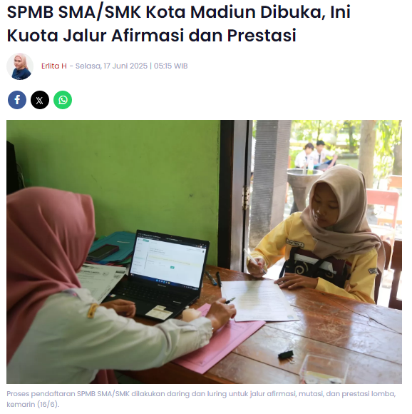 SPMB SMA SMK Kota Madiun Dibuka, Ini Kuota Jalur Afirmasi dan Prestasi