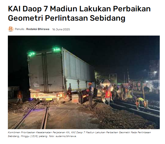 KAI Daop 7 Madiun Lakukan Perbaikan Geometri Perlintasan Sebidang