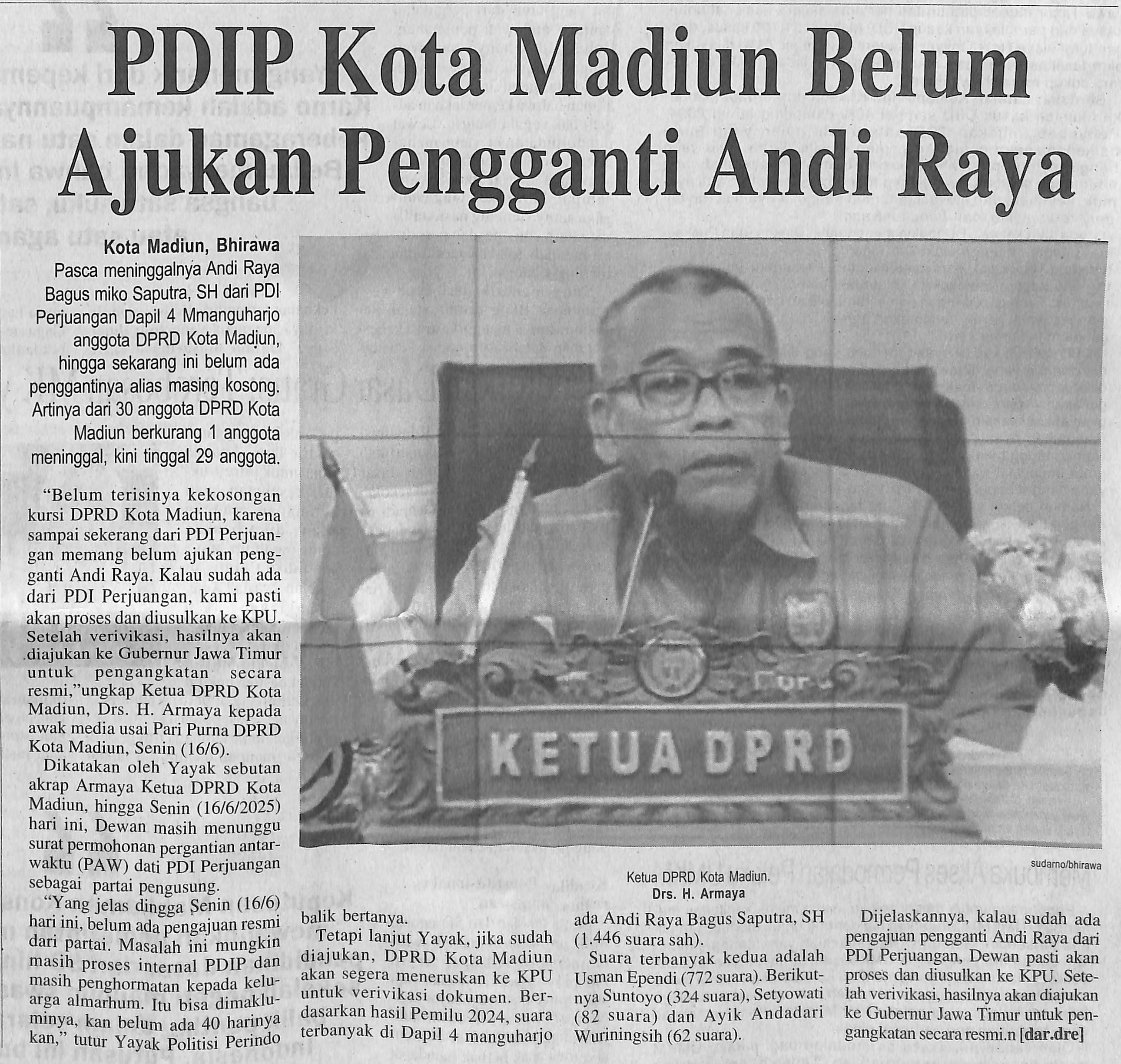 PDIP Kota Madiun Belum Ajukan Pengganti Andi Raya