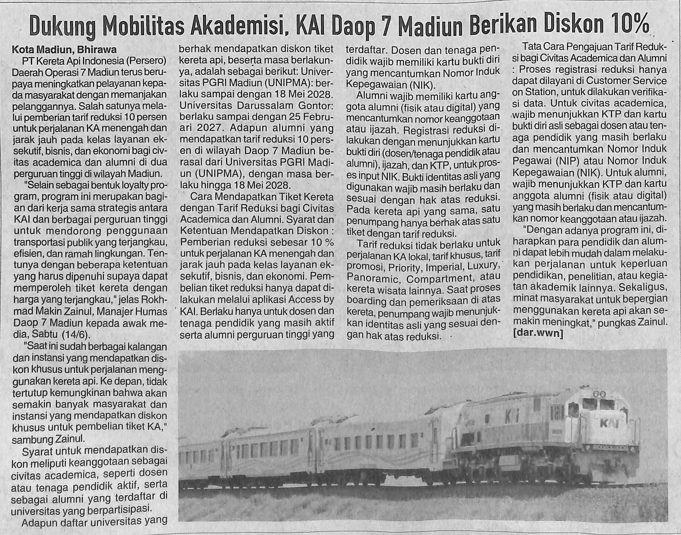 Dukung Mobilitas Akademisi, KAI Daop 7 Madiun Berikan Diskon 10 %