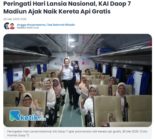 Peringati Hari Lansia Nasional, KAI Daop 7 Madiun Ajak Naik Kereta Api Gratis