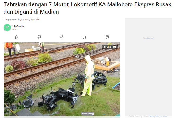 Tabrakan dengan 7 Motor, Lokomotif KA Malioboro Ekspres Rusak dan Diganti di Madiun